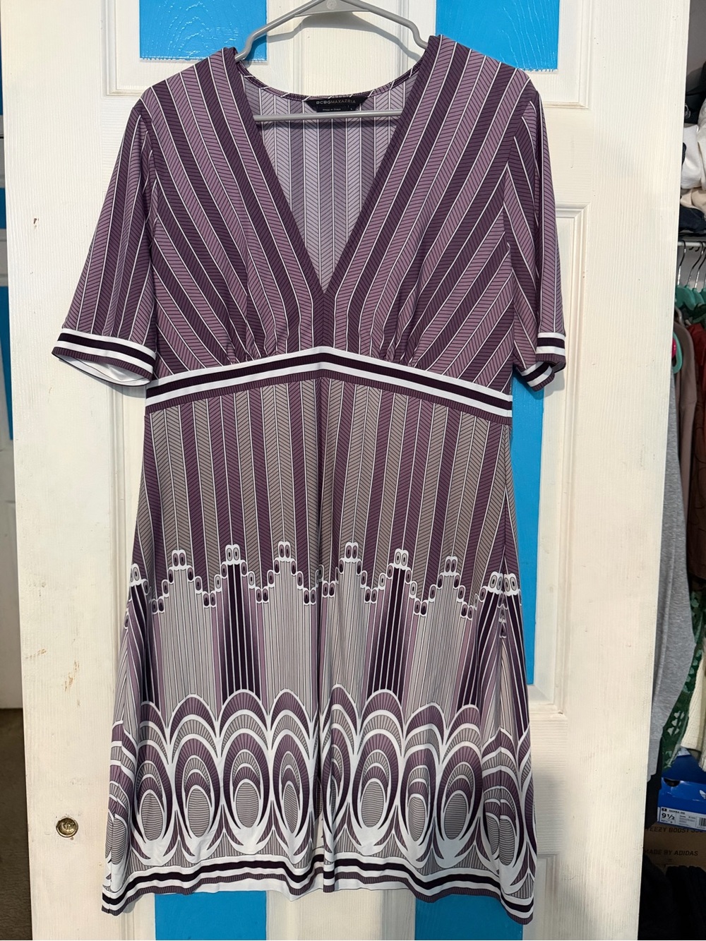 BCBGMaxAzria Purple Chevron V-Neck Dress